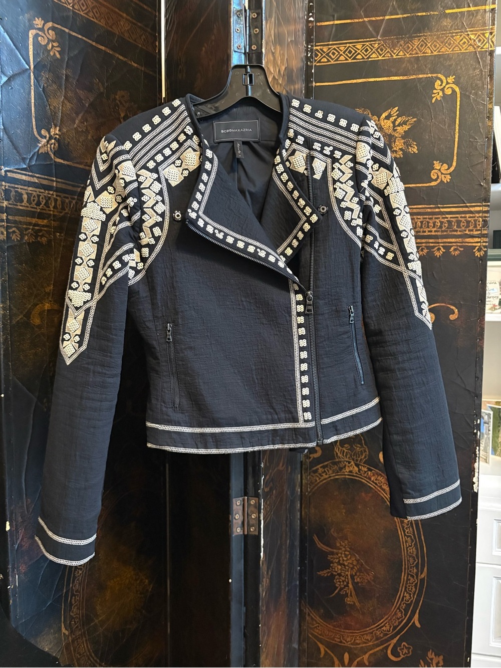 BCBGMaxazria Runway Black Embellished Moto Jacket